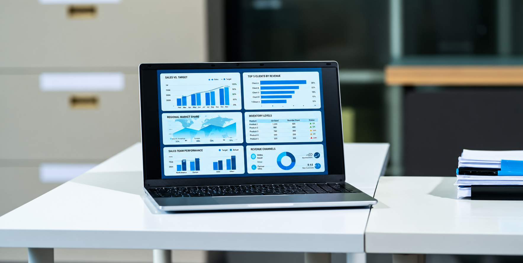 A business intelligence dashboard on a laptop